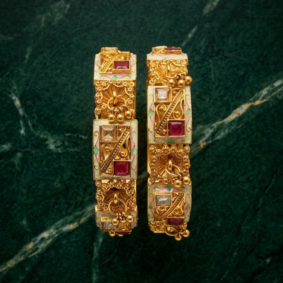 2-Piece Gold Plated Antique Kada Bangles Set with Ruby Stones and Meenakari Enamel Work for Women