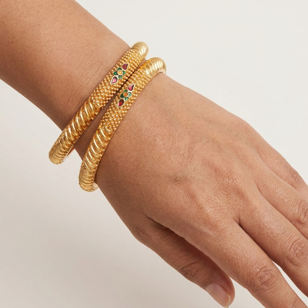 Set of 2 Gold-Plated Traditional Bangles with Intricate Beaded Texture and Ruby-Green Enamel Accents