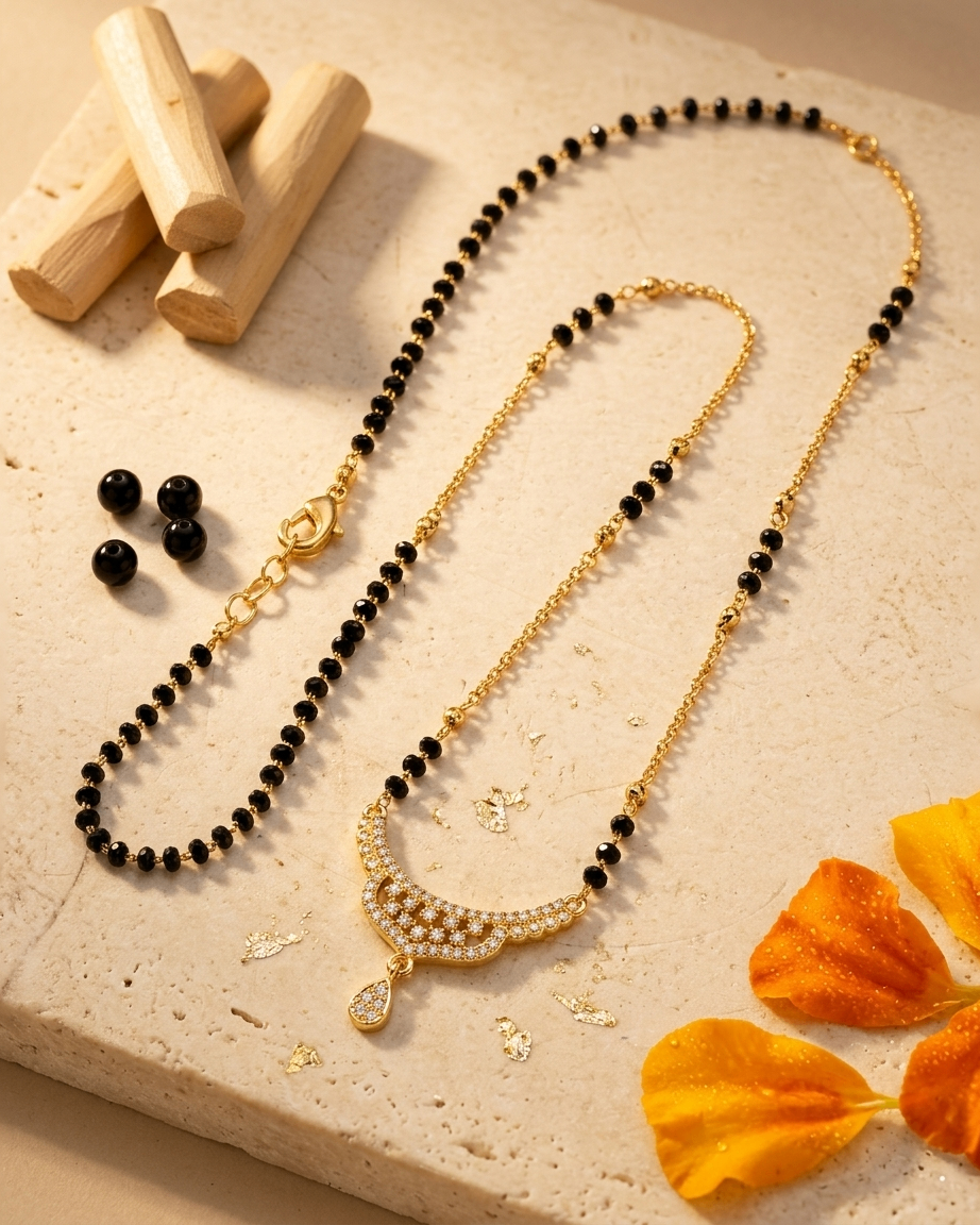 Gold and Black Bead Mangalsutra with Studded Curve Pendant