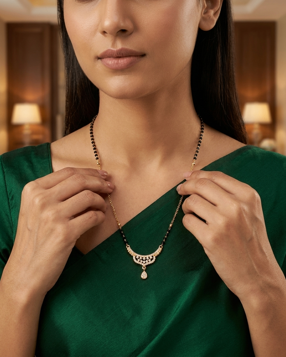 Gold and Black Bead Mangalsutra with Studded Curve Pendant