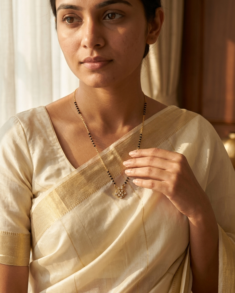 Gold-Plated Round Floral Pendant Mangalsutra with Black Beads