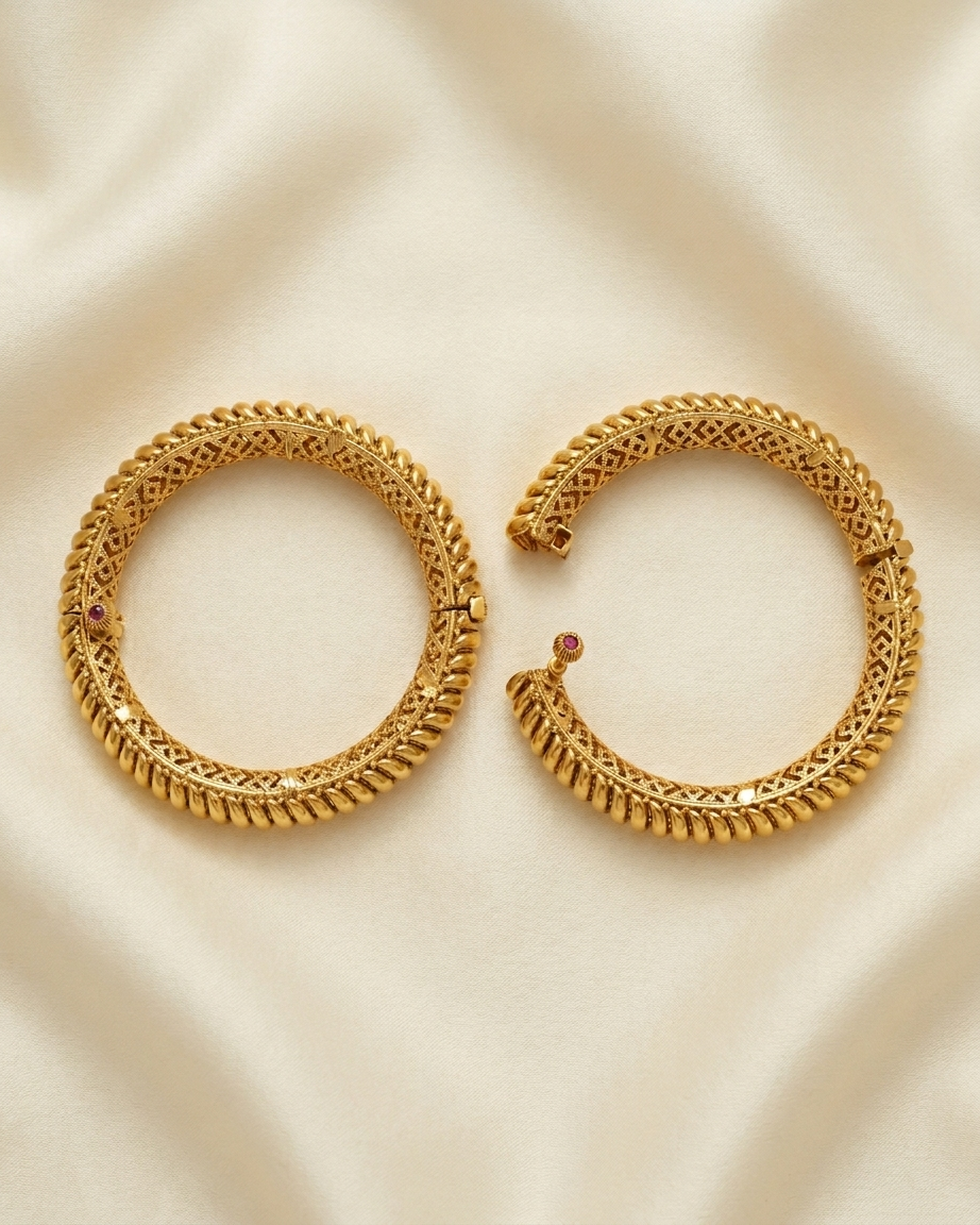 Premium Copper Antique Gold-Plated Screw-Open Kada Bangle Set of 2