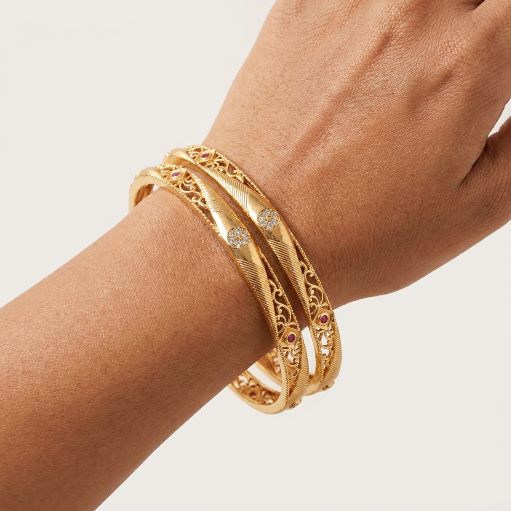 Elegant Brass Gold-Plated Daily Wear Bangles with Intricate Filigree & Stone Accents (Set of 2)