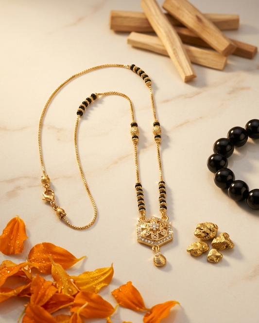 Gold-Tone Brass Hexagon Pendant Mangalsutra | 18-Inch Daily Wear