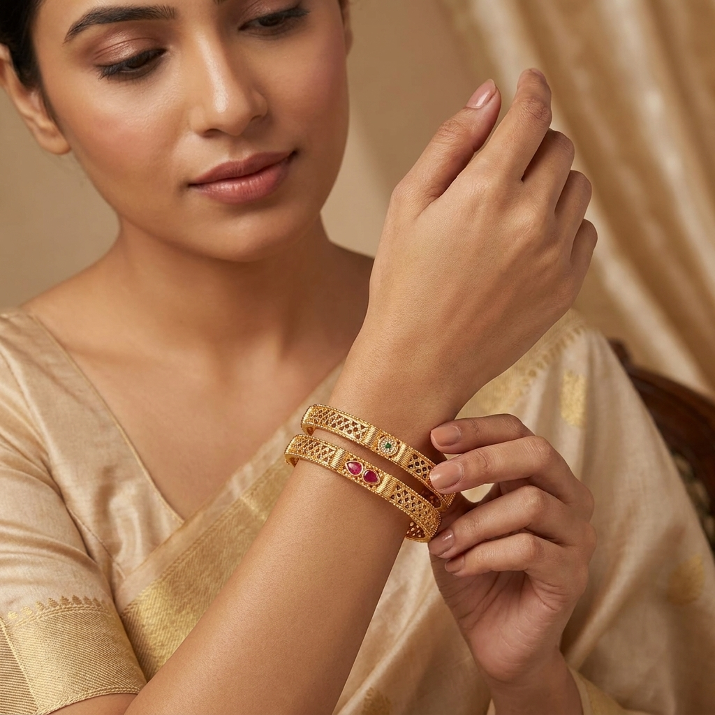 The Heritage Filigree Bangle Set (Set of 2) ÔøΩ  Gold Plated with Ruby & Emerald Detailing