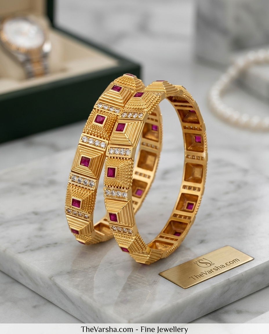 Royal Ruby & Gold Geometric Bangles