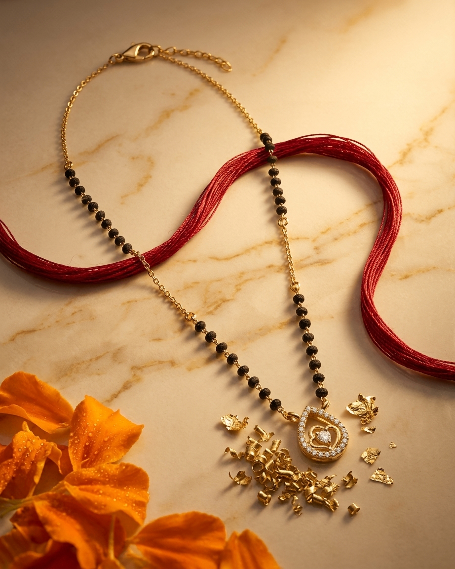 Gold-Plated Long Mangalsutra with Teardrop Diamond Pendant