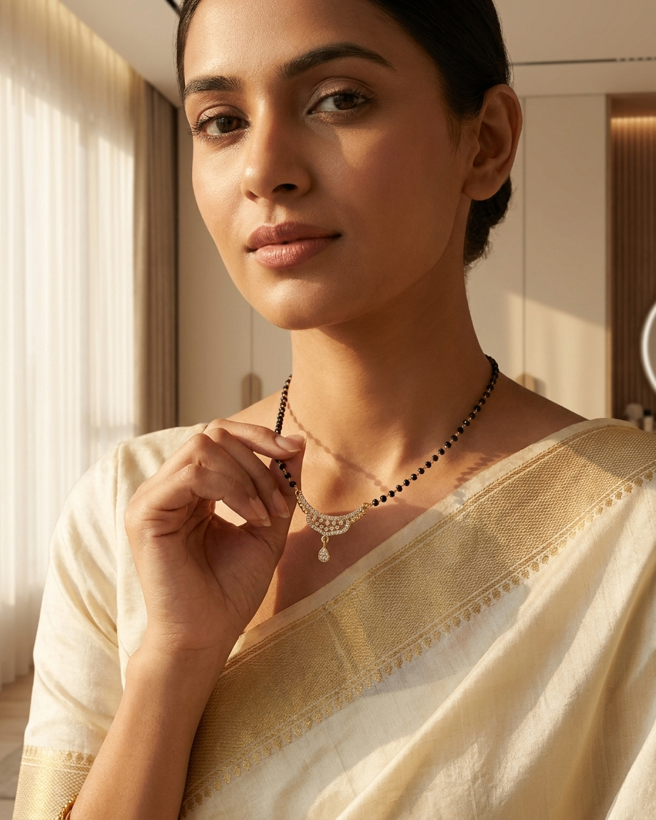 Gold and Black Bead Mangalsutra with Studded Curve Pendant