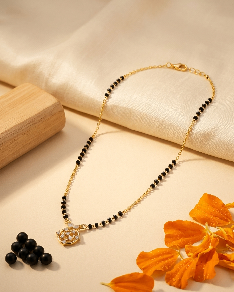 Gold-Plated Round Floral Pendant Mangalsutra with Black Beads