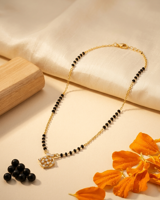 Gold-Plated Round Floral Pendant Mangalsutra with Black Beads