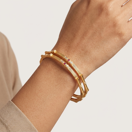 The Bamboo Harmony Bangle Set ÔøΩ Set of 2 Matte Gold Kada Bracelets with Inset Gemstones