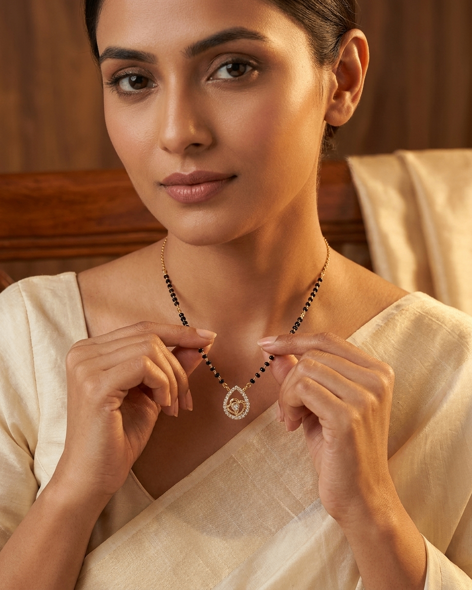 Gold-Plated Long Mangalsutra with Teardrop Diamond Pendant