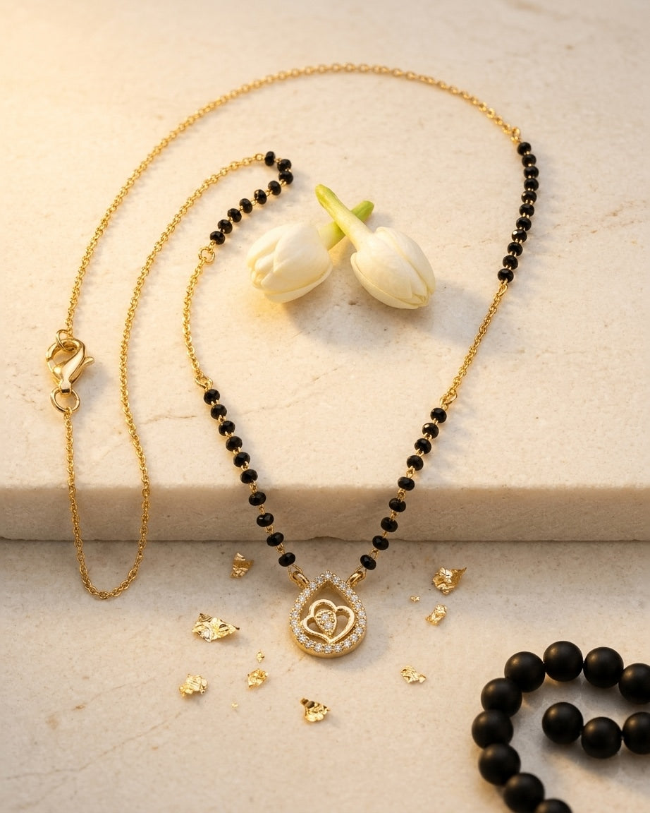 Gold-Plated Long Mangalsutra with Teardrop Diamond Pendant