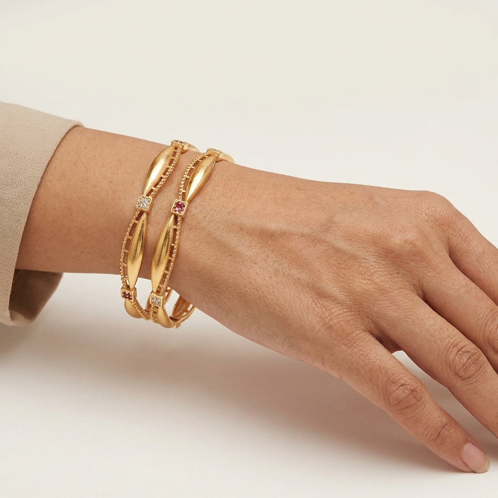 The Aura Wave Kada Set ÔøΩ  Gold Plated Bangles with Ruby & Cubic Zirconia (Set of 2)