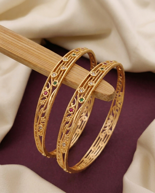 Elegant Brass Daily Wear Bangles with Multi-Color Stone Accents (Set of 2)