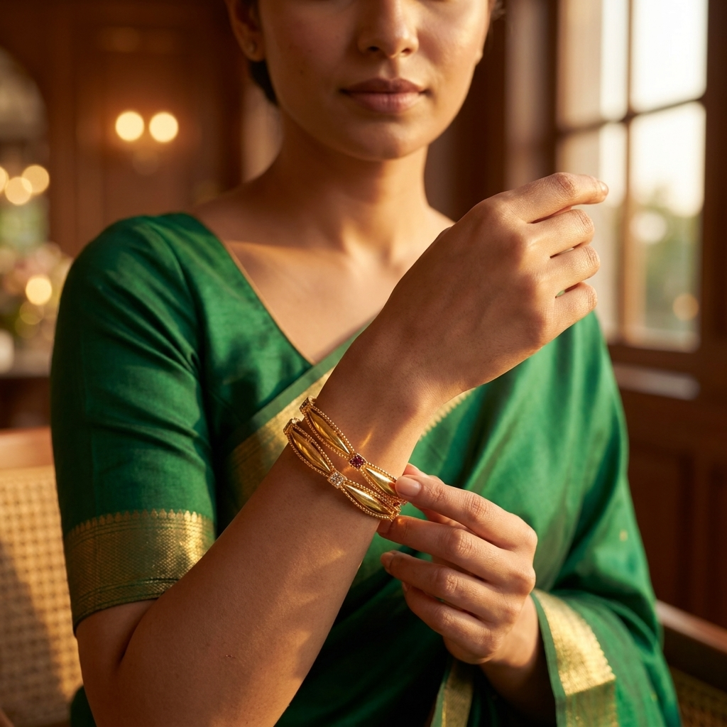 The Aura Wave Kada Set ÔøΩ  Gold Plated Bangles with Ruby & Cubic Zirconia (Set of 2)