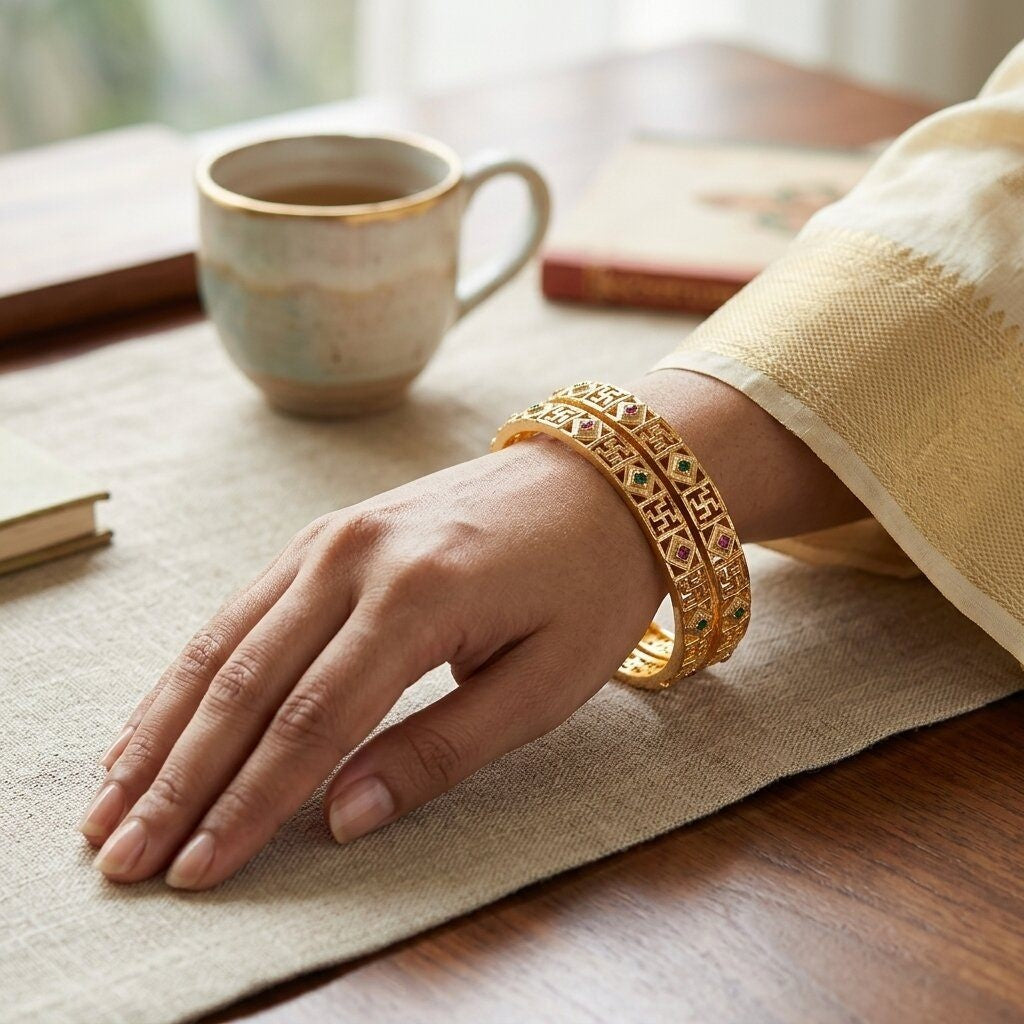 Daily Wear Gold-Plated Brass Bangles with Red and Green Stones (Set of 2)