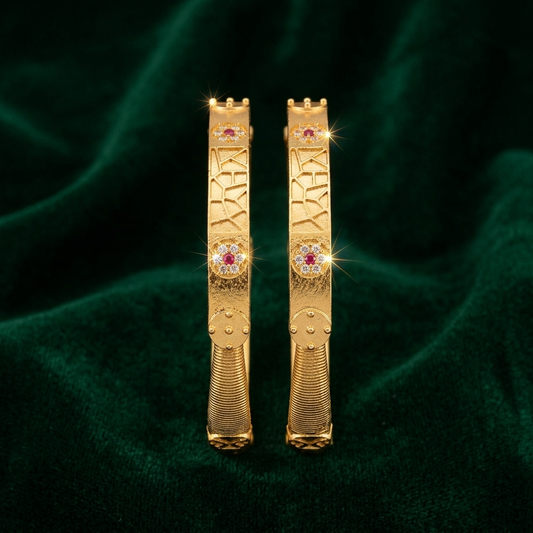 The Aura Geometric Kada Bangles (Set of 2) ÔøΩ Matte Gold with Ruby & Cubic Zirconia