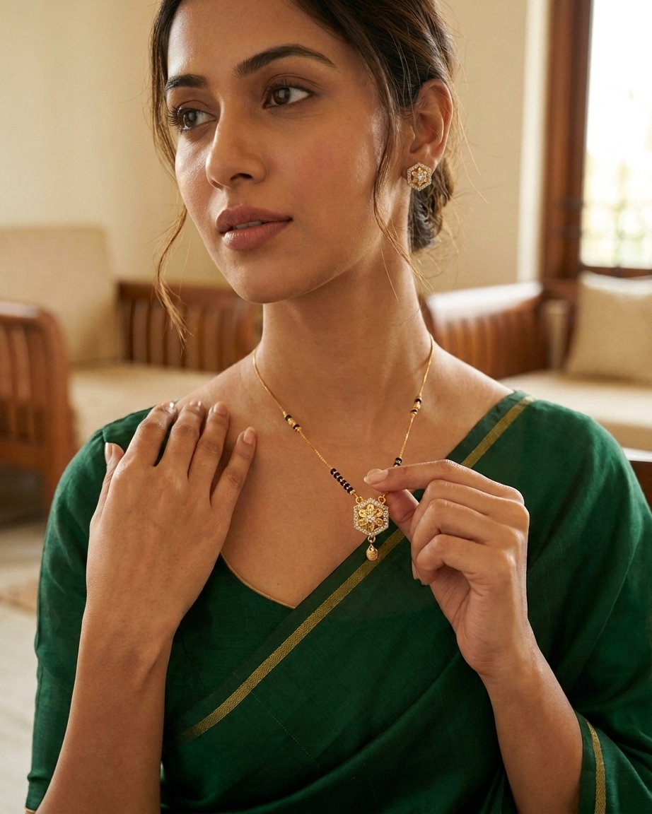 Gold-Tone Brass Hexagon Pendant Mangalsutra | 18-Inch Daily Wear
