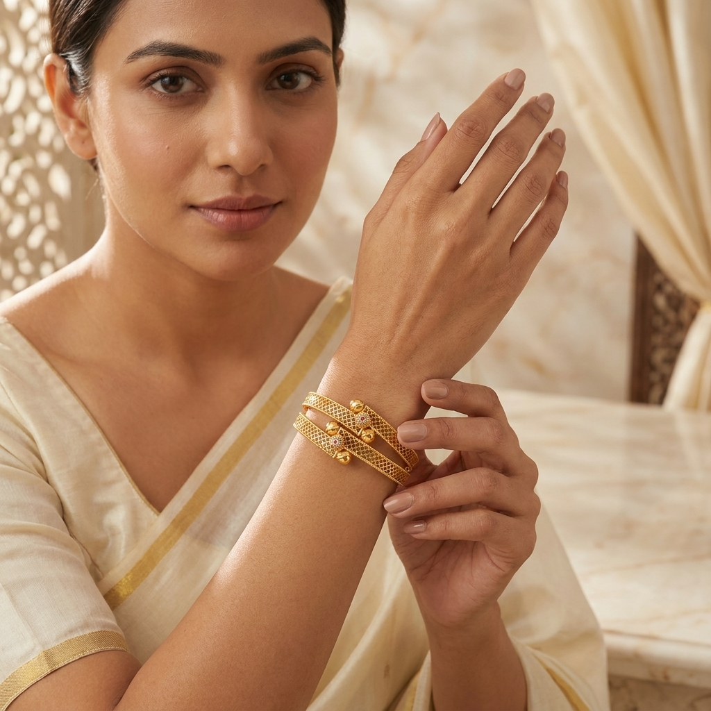 The Aura Filigree Bangle Set (Set of 2) ÔøΩ Handcrafted Gold Kada with Ruby Accents