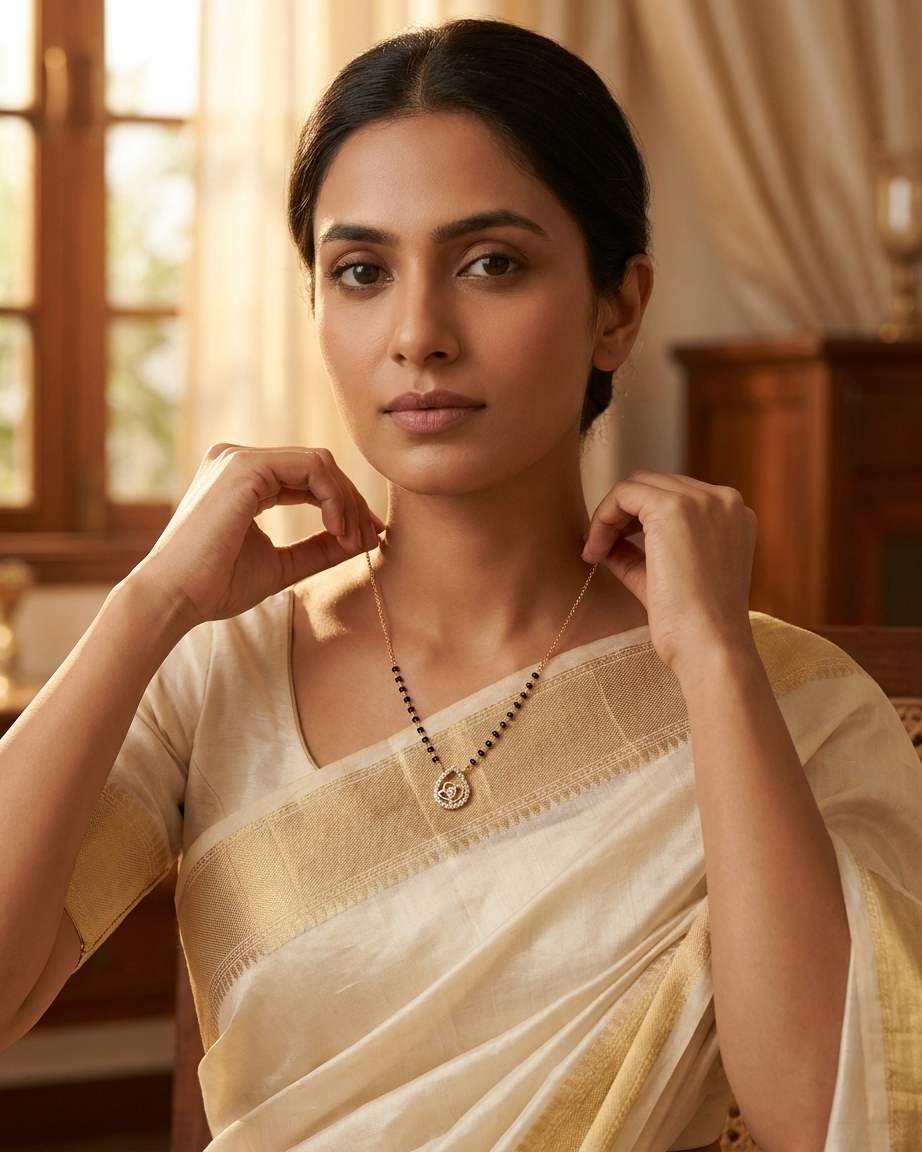 Gold-Plated Long Mangalsutra with Teardrop Diamond Pendant