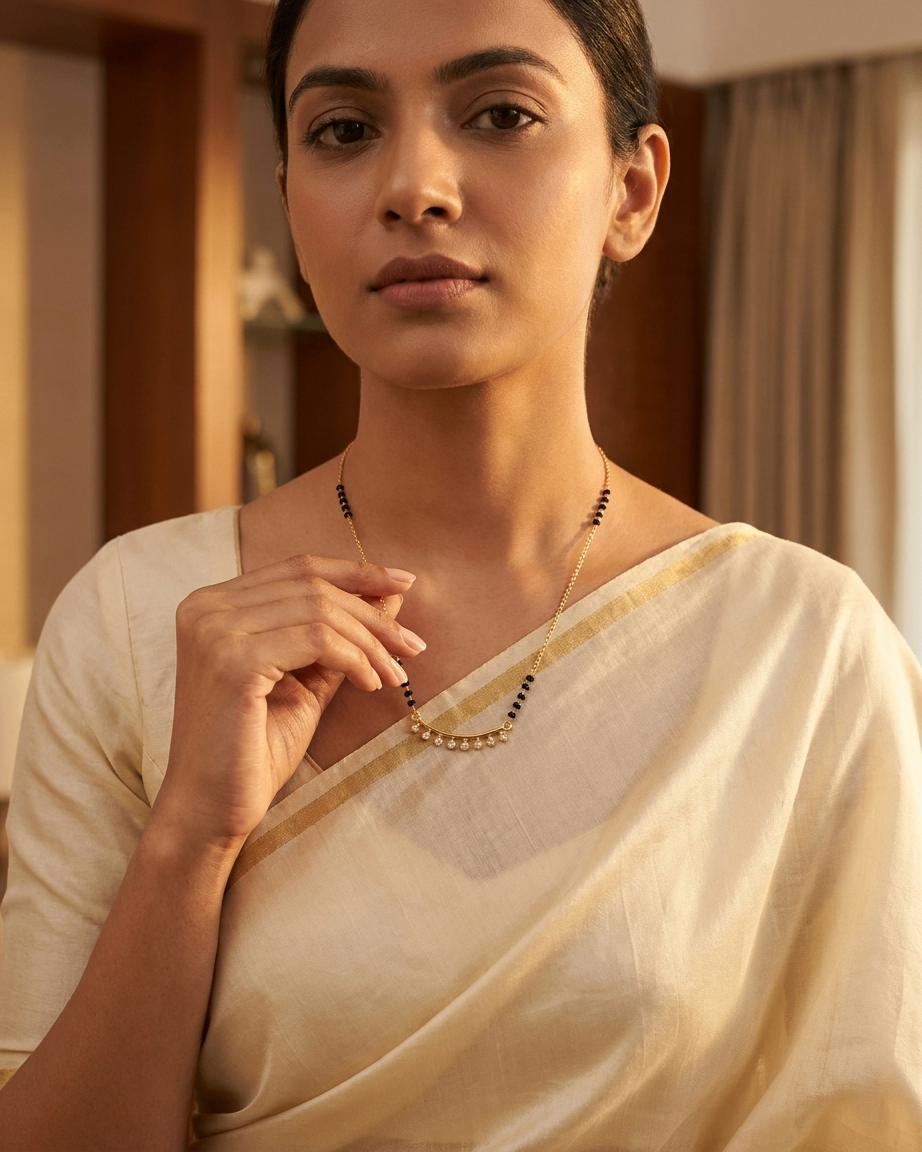 Gold-Plated Curved Bar Mangalsutra with CZ Drops