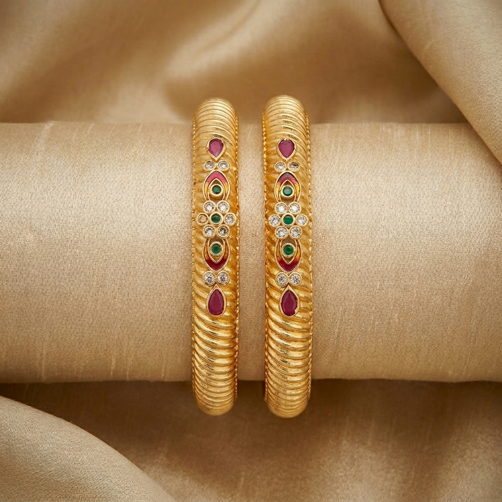 The Royal Heritage Ridged Bangles (Set of 2) ÔøΩ Antique Gold with Ruby & Emerald Inlays