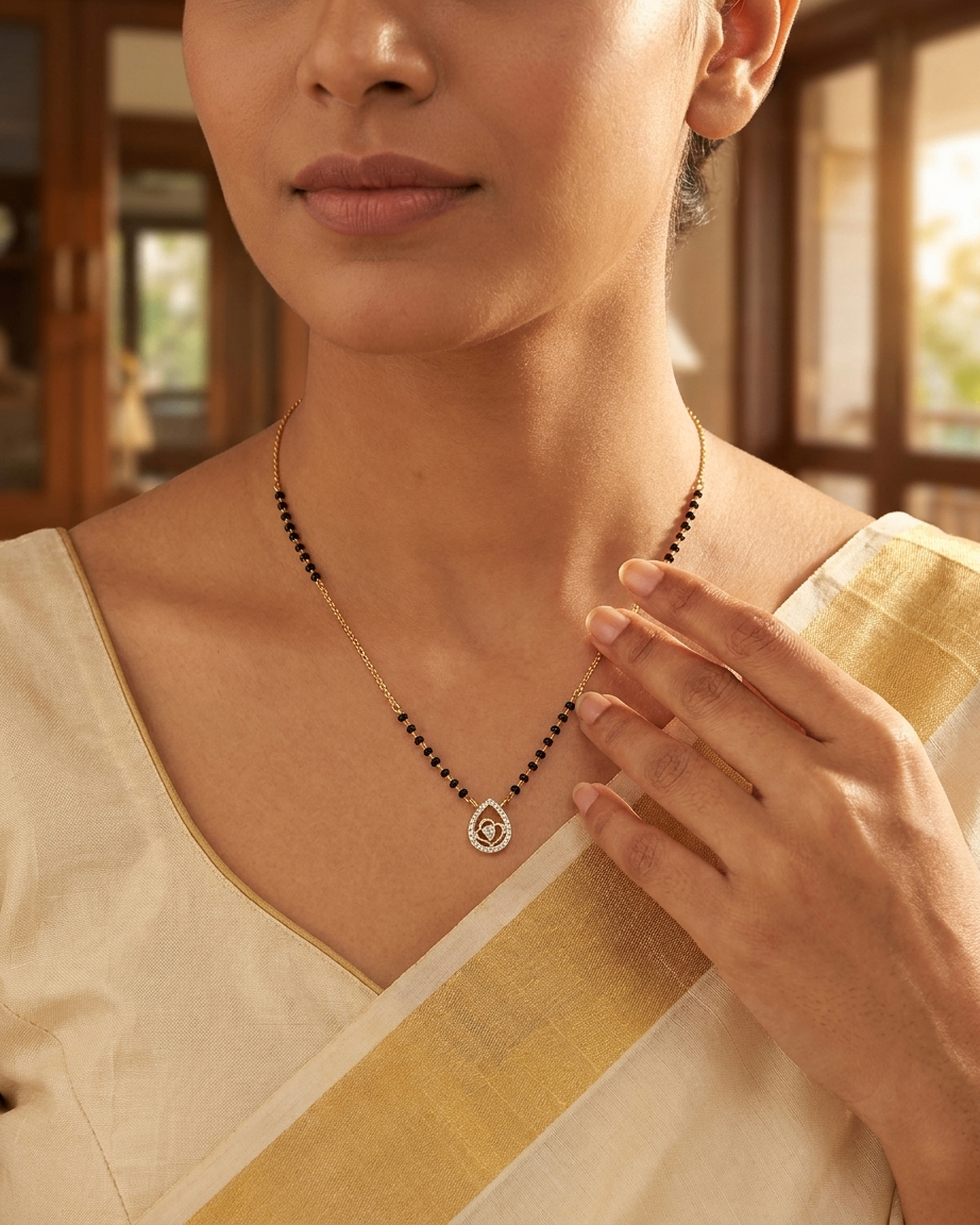 Gold-Plated Long Mangalsutra with Teardrop Diamond Pendant