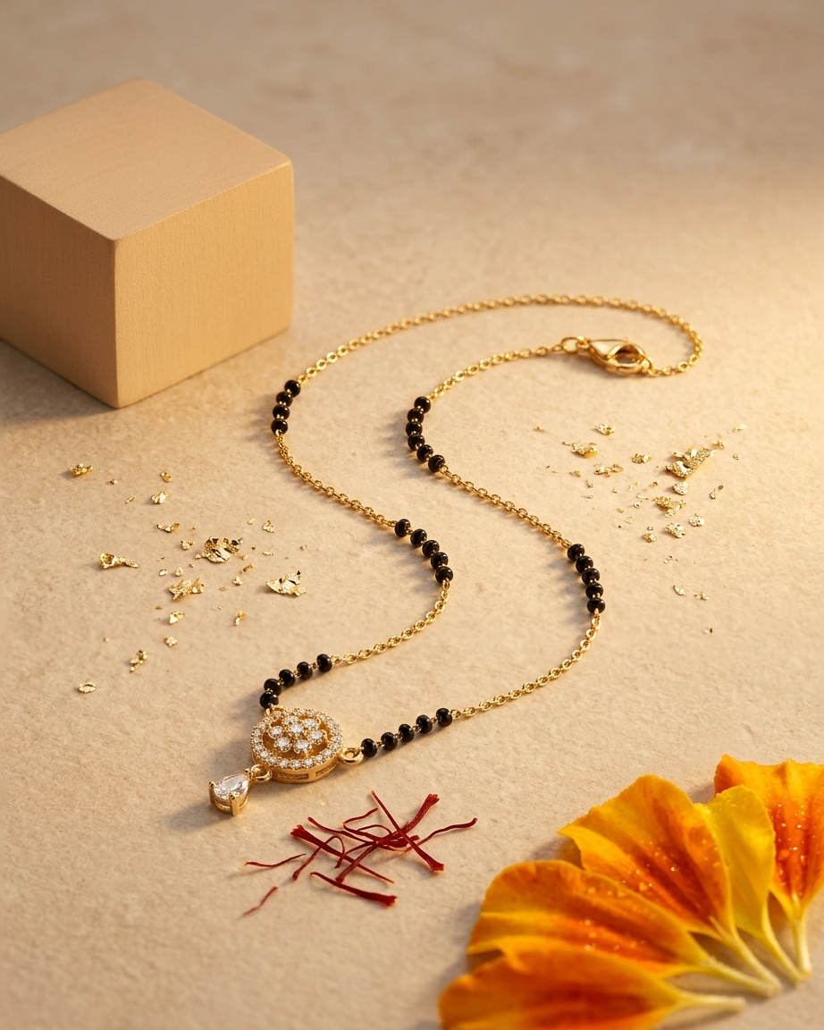 Gold-Plated Round Pendant Mangalsutra with Teardrop Stone