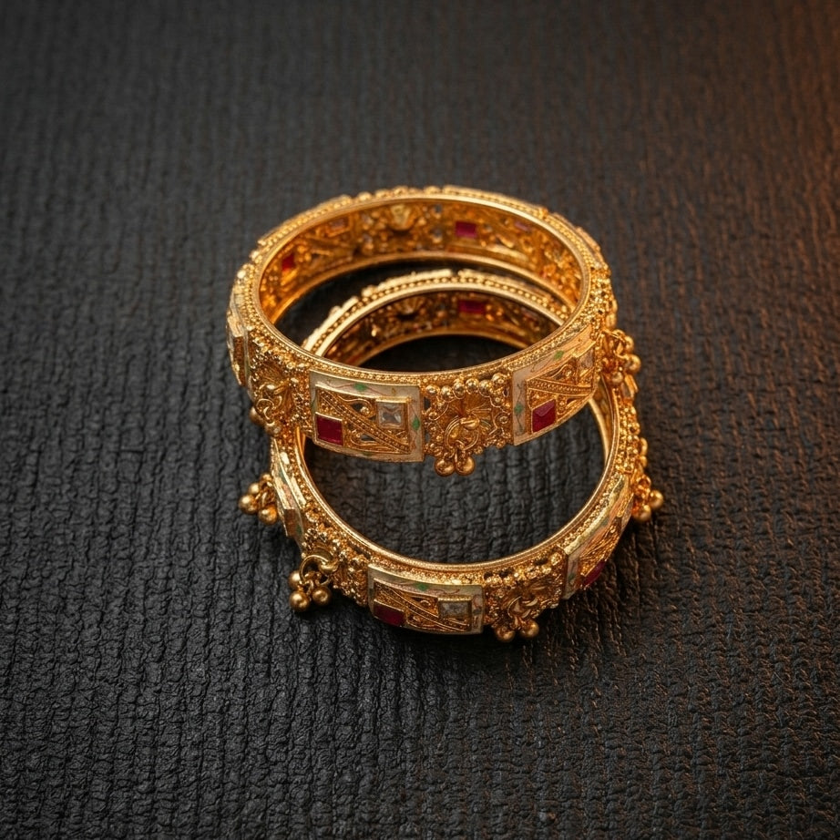 2-Piece Gold Plated Antique Kada Bangles Set with Ruby Stones and Meenakari Enamel Work for Women