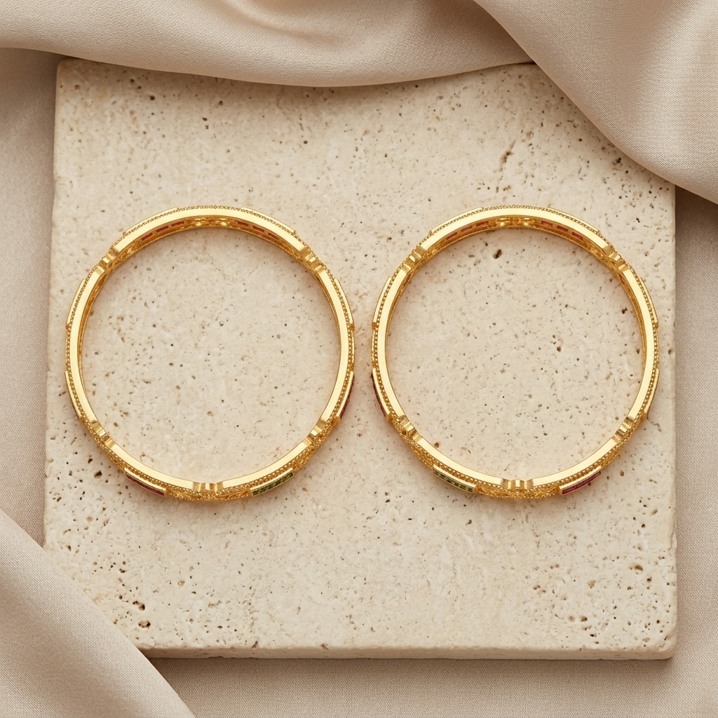 Elegant Brass Daily Wear Bangles with Ruby & Emerald Stones ÔøΩ Set of 2
