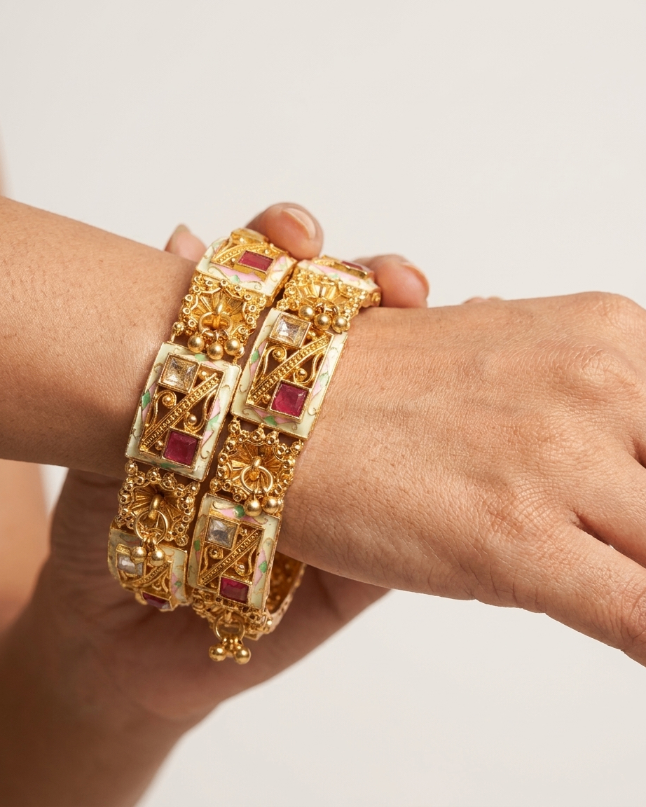 2-Piece Gold Plated Antique Kada Bangles Set with Ruby Stones and Meenakari Enamel Work for Women
