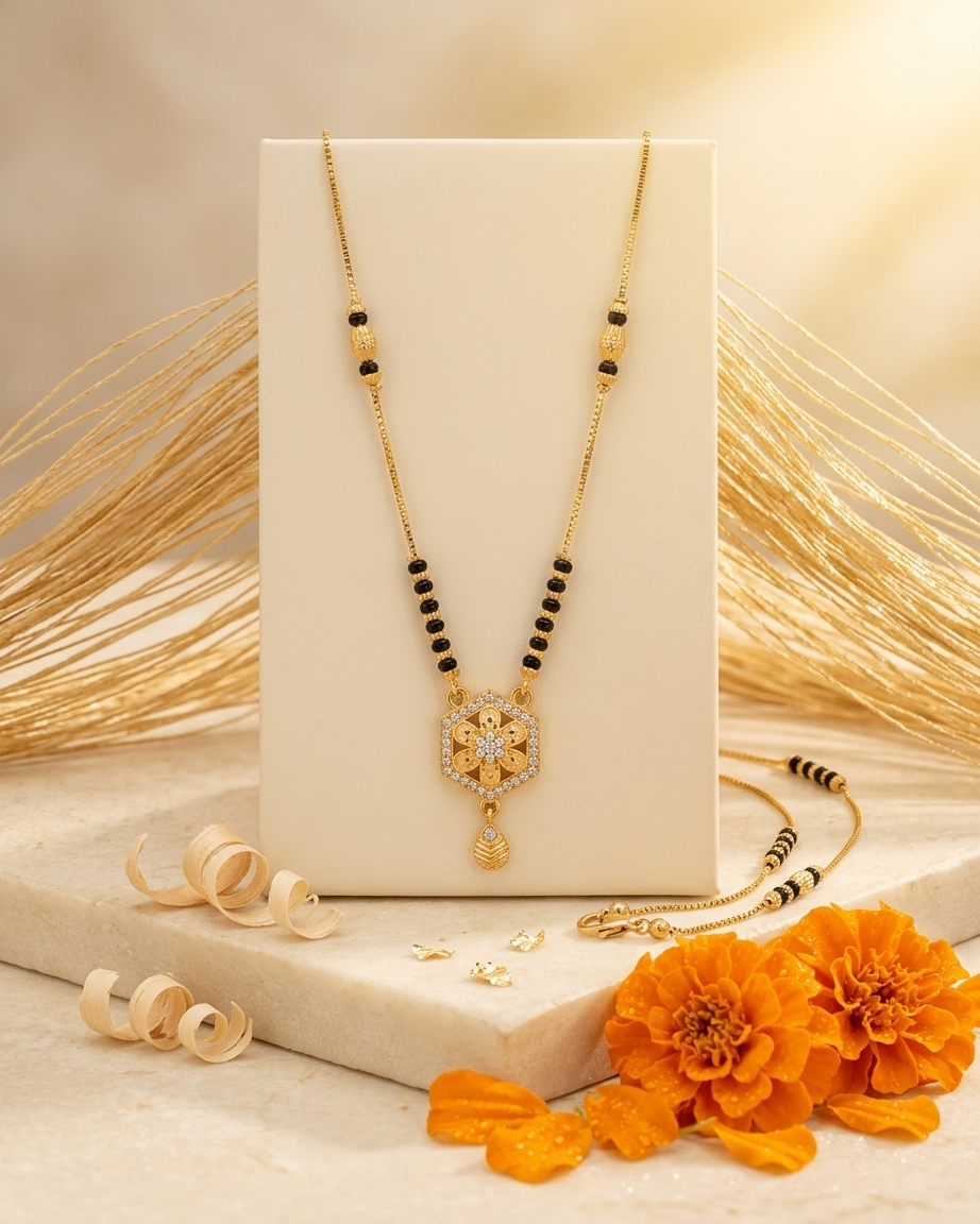 Gold-Tone Brass Hexagon Pendant Mangalsutra | 18-Inch Daily Wear