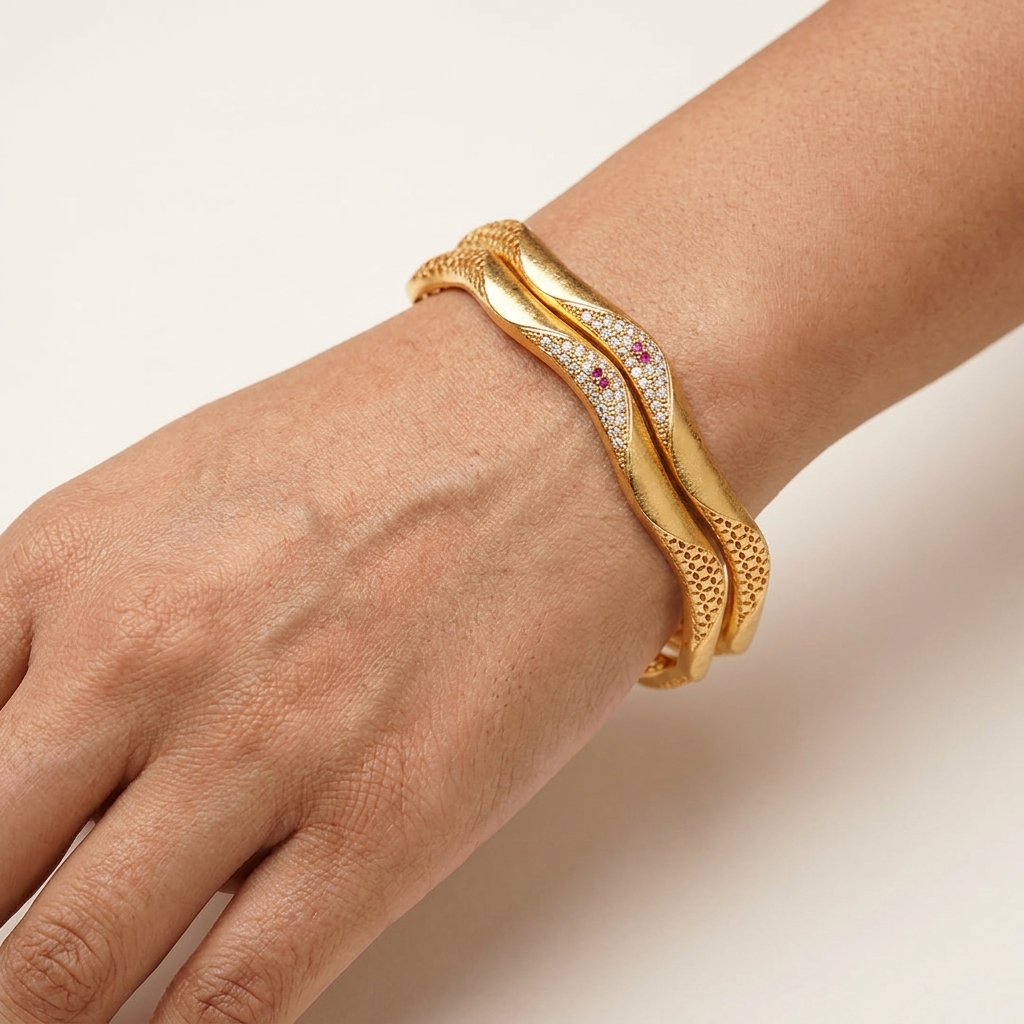 The Aurelia Wave Bangle Set (Set of 2) ÔøΩ Gold Textured Kada with CZ & Ruby Accents