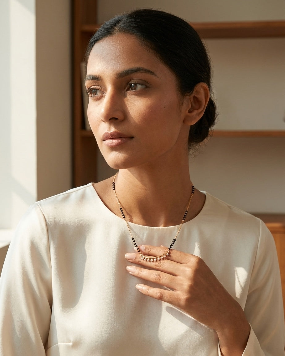 Gold-Plated Curved Bar Mangalsutra with CZ Drops