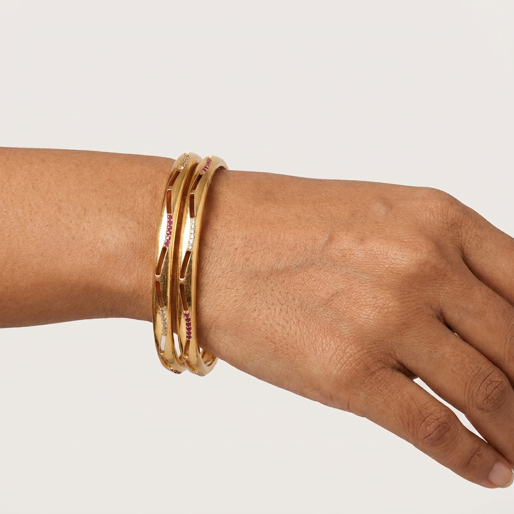 Elegant Brass Daily Wear Bangles with Ruby & White Stone Accents - Set of 2