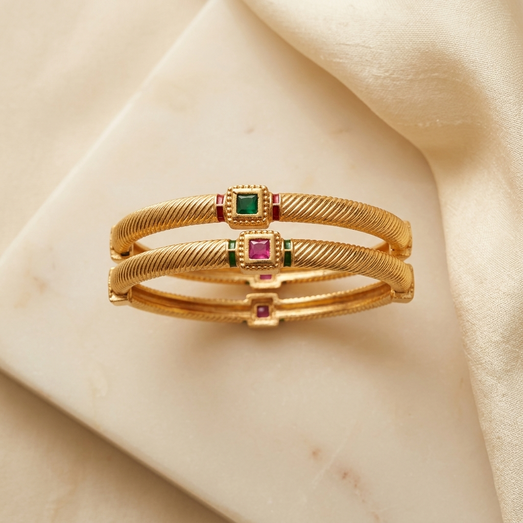 Elegant Brass Daily Wear Kada Bangles with Emerald & Ruby Glass Stones (Set of 2)