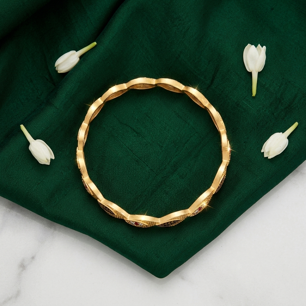 The Aura Leaf Wave Bangles (Set of 2) ÔøΩ Matte Gold with Ruby Accentuation