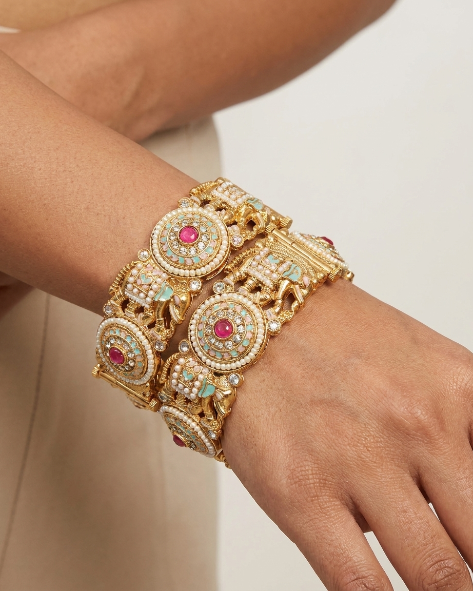 The Heritage Elephant Motif Kada Set ÔøΩ Handcrafted Antique Gold Bangles with Pearl & Enamel Work (Set of 2)