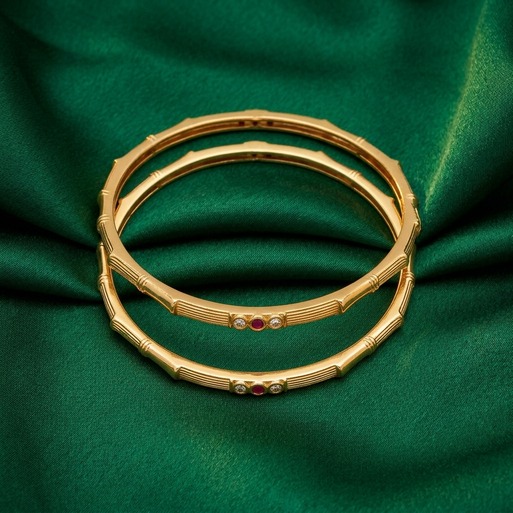 The Bamboo Harmony Bangle Set ÔøΩ Set of 2 Matte Gold Kada Bracelets with Inset Gemstones