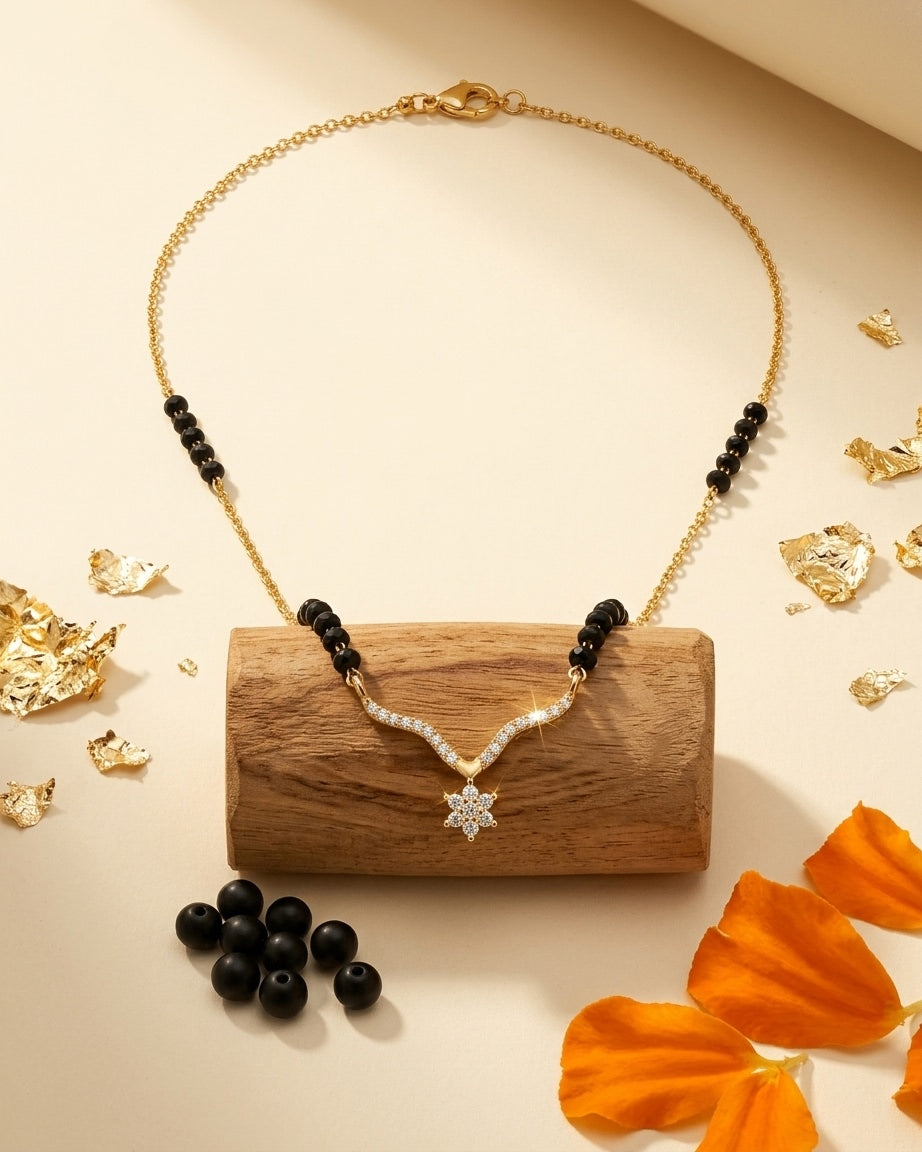 Gold-Plated V-Curve Mangalsutra with Floral CZ Pendant