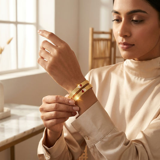Everyday Elegance Brass Bangles ÔøΩ Textured Gold-Plated Daily Wear Kada Set with Red & White Enamel Detailing (Set of 2)