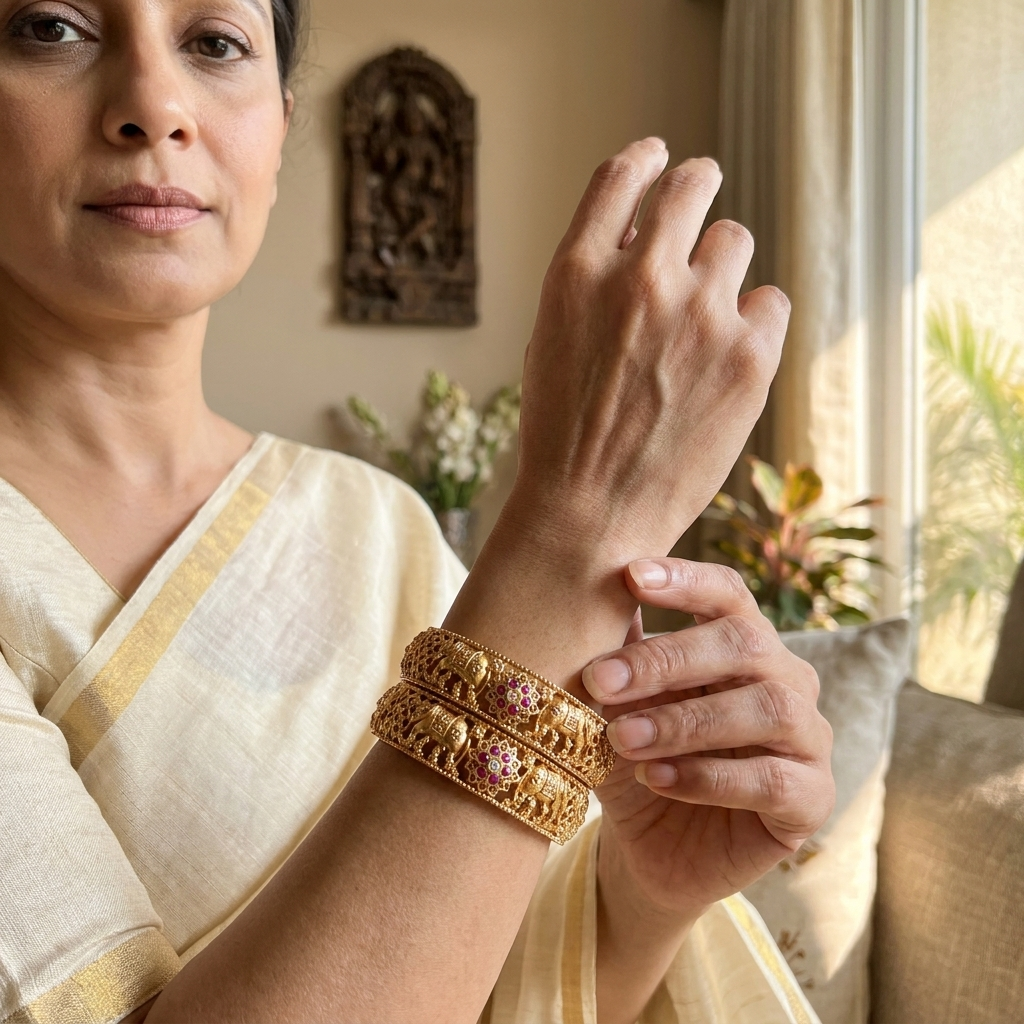 The Royal Gajraj Bangle Set ÔøΩ Set of 2 Matte Gold Temple Kadas with Ruby Floral Accents