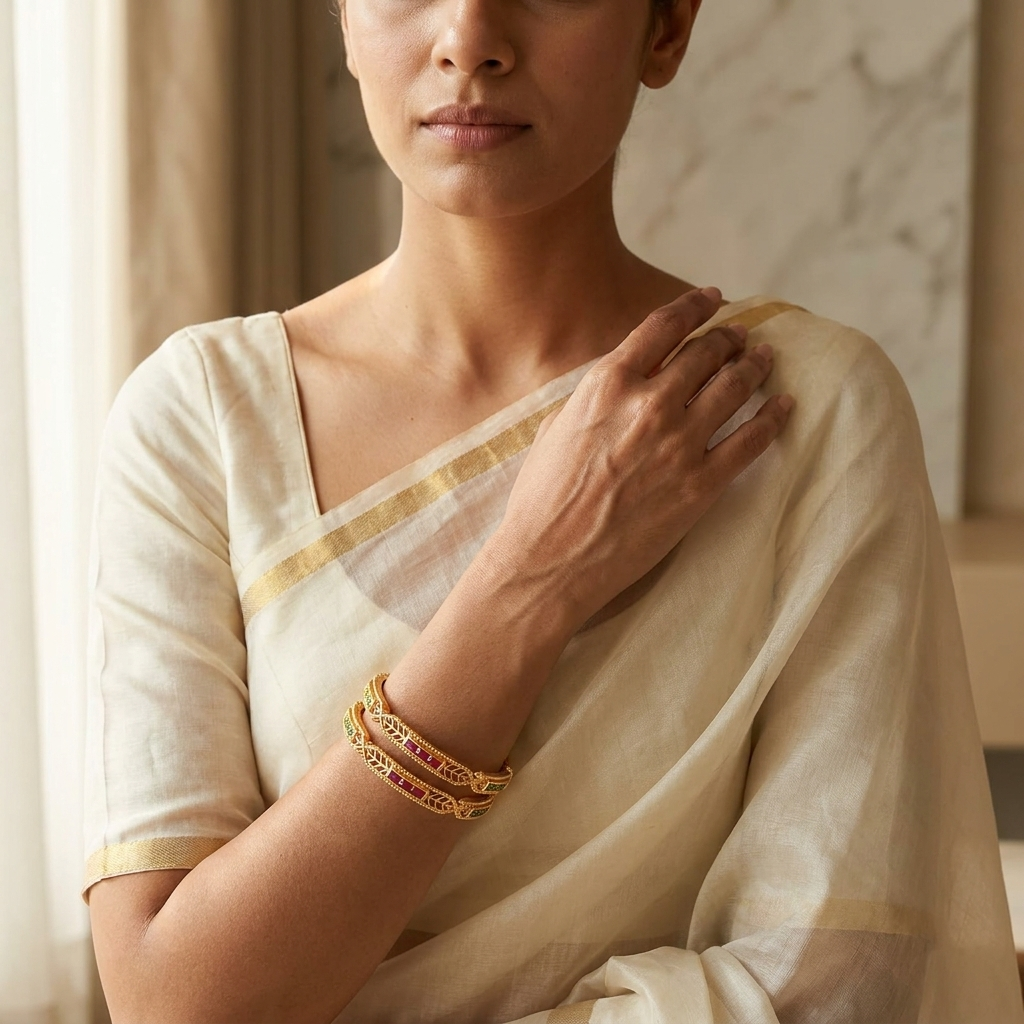 Elegant Brass Daily Wear Bangles with Ruby & Emerald Stones ÔøΩ Set of 2