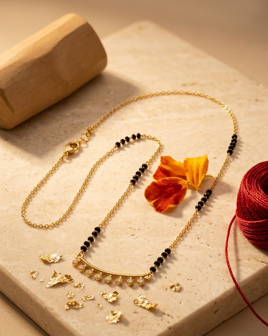 Gold-Plated Curved Bar Mangalsutra with CZ Drops