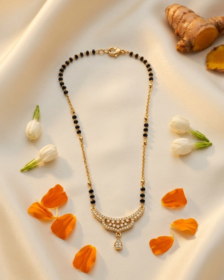 Gold and Black Bead Mangalsutra with Studded Curve Pendant
