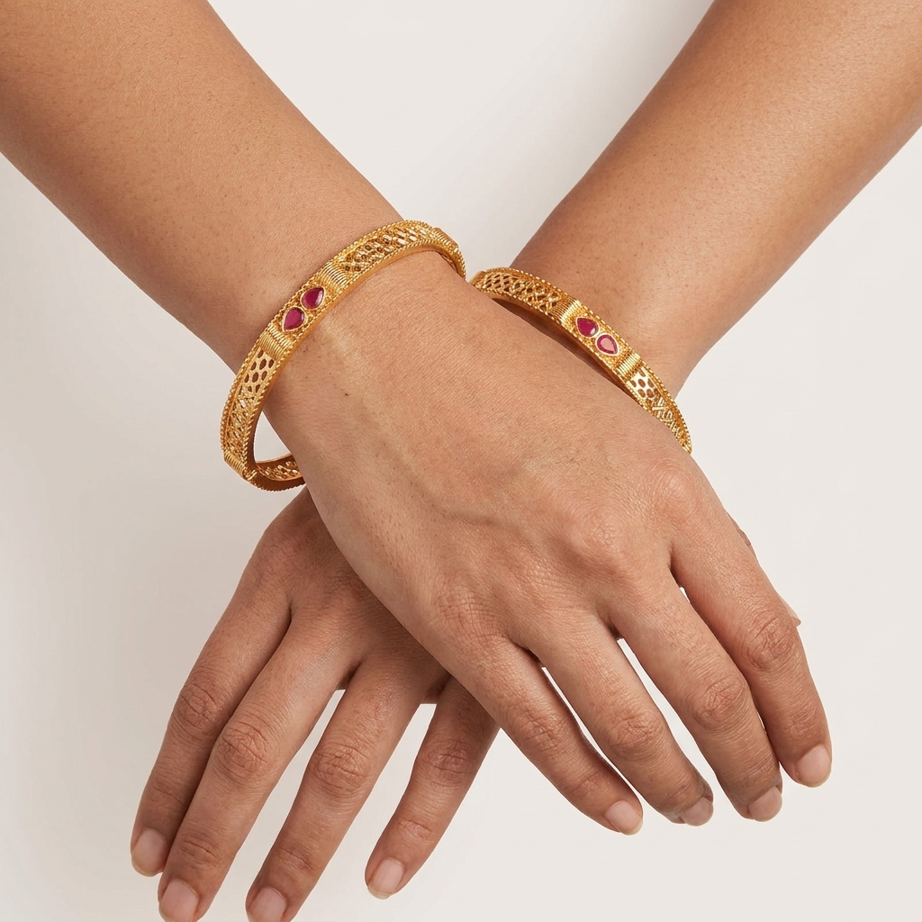 The Heritage Filigree Bangle Set (Set of 2) ÔøΩ  Gold Plated with Ruby & Emerald Detailing