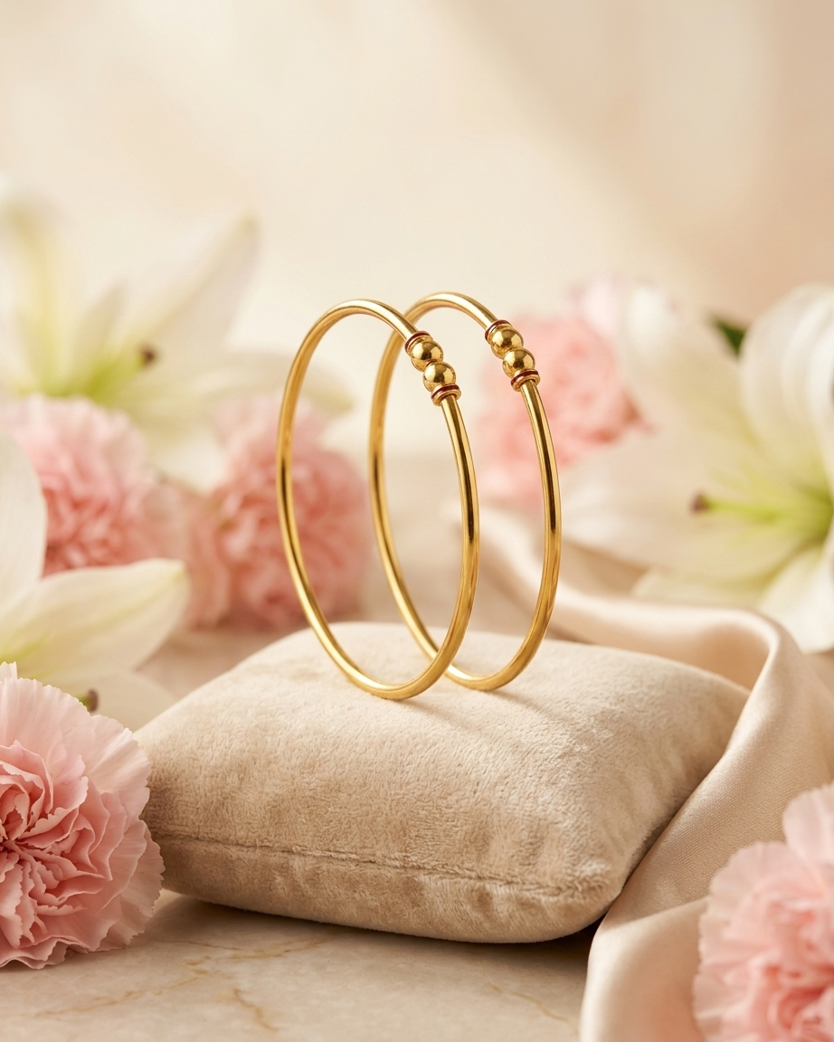 Traditional Daily Wear Gold Plated Thin Kada Bangles - Set of 2 with Maroon Enamel Accents