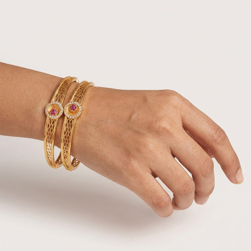 The Royal Filigree Cuff Set ÔøΩ  Gold Plated Openwork Bangles with Faux Ruby & CZ Medallions (Set of 2)