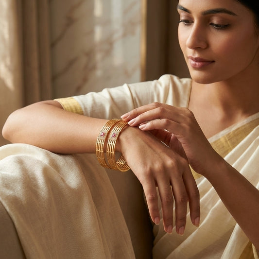 DailyWear Brass Gold-Plated Cut-Out Kada Bangles with Ruby & CZ Accents (Set of 2)
